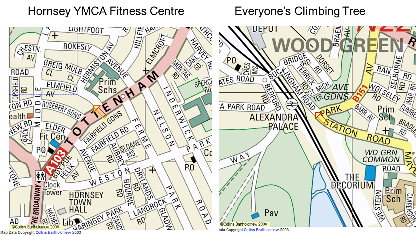 Hornsey YMCA N8 & Everyone's Climbing Tree N22 venue maps